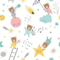 Seamless childish pattern with catching stars cute bears, planets vector