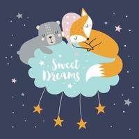 Sweet Dreams with fox and bear design concept. Childish print vector