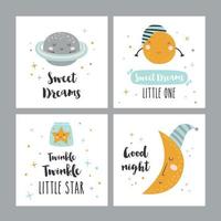 vector conjunto de 4 tarjetas nocturnas con lindos personajes de dibujos animados y frases