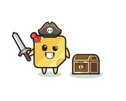 the sticky notes pirate character holding sword beside a treasure box vector