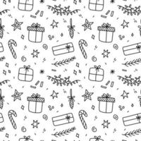 Cute Christmas seamless pattern with gifts, twigs, garlands, confetti vector