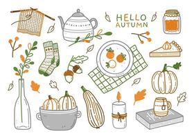 Set of cute autumn elements in doodle style vector