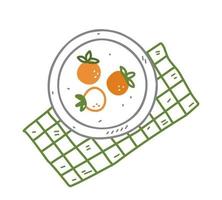 Plate with persimmon on a green checkered tablecloth in doodle style vector