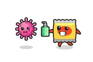 Ilustración de personaje de bocadillo persiguiendo virus maligno con desinfectante de manos vector