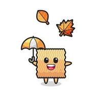 cartoon of the cute raw instant noodle holding an umbrella in autumn vector