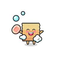 raw instant noodle character is bathing while holding soap vector