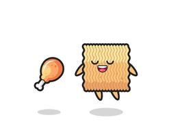 cute raw instant noodle floating and tempted because of fried chicken vector