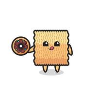 illustration of an raw instant noodle character eating a doughnut vector