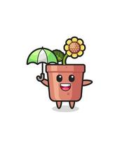 cute sunflower pot illustration holding an umbrella vector