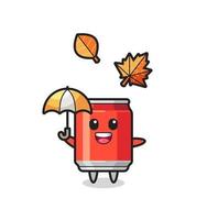 cartoon of the cute drink can holding an umbrella in autumn vector