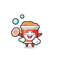 instant noodle character is bathing while holding soap vector