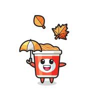 cartoon of the cute instant noodle holding an umbrella in autumn vector