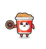 illustration of an instant noodle character eating a doughnut vector