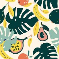 Seamless abstract tropical pattern with leaves and fruits vector