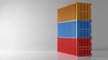 Three color Intermodal container stack on white background photo