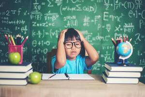 worried girl In classroom with hands on head photo
