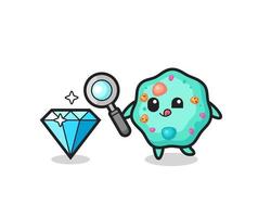 amoeba mascot is checking the authenticity of a diamond vector