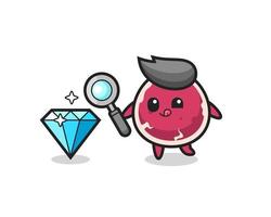 beef mascot is checking the authenticity of a diamond vector