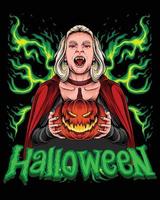 Dracula Woman holding halloween pumpkin vector