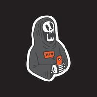 calavera parca con teléfono de mano usando la ilustración de las redes sociales. vector