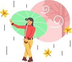 mujer que usa paraguas en la ilustración plana lluviosa para el tema del otoño vector