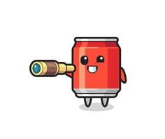 cute drink can character is holding an old telescope vector