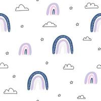 Cute rainbows white pattern pink purple stars clouds Hand drawn vector