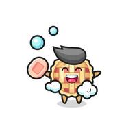 apple pie character is bathing while holding soap vector