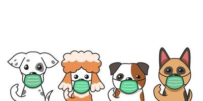 Set of cartoon character dogs wearing protective face masks vector