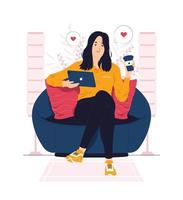 Mujer relajándose en casa y tomando café ilustración del concepto vector