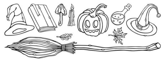 Halloween Vector set. Pumpkin, witch's broom, witch hat, fly agaric