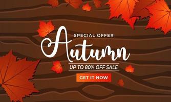 Autumn sale poster with wood texture background and maple leaves vector