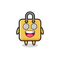 lindo personaje de bolsa de compras con ojos hipnotizados vector