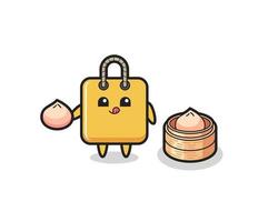 cute shopping bag character eating steamed buns vector