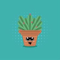 Happy cute cactus with a big smile and flowers Vector