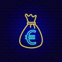 Neon money bag with euro sign isolated on brick wall background. vector