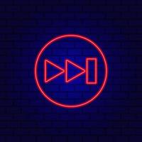 Neon rewind button, flat design style on the wall background. vector