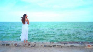 Asian woman enjoys beautiful ocean beach video