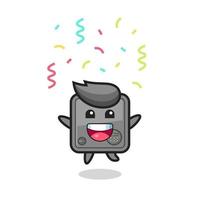 Feliz mascota de caja de seguridad saltando de felicitación con confeti de colores vector