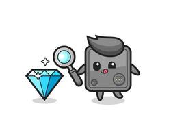 safe box mascot is checking the authenticity of a diamond vector