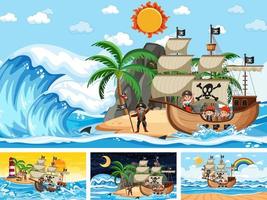 Set of different beach scenes with pirate ship vector