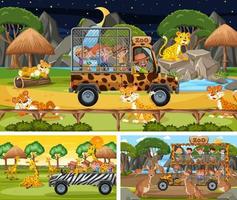 Different safari scenes with animals and kids cartoon character vector