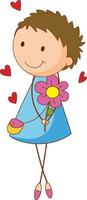 A doodle kid holding flower cartoon character isolated vector