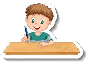 Sticker template with a boy writing on the table isolated vector