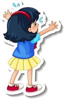 Sticker template with behind of a girl cartoon character isolated vector