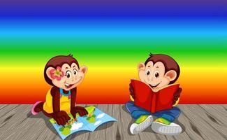 Libro de lectura de dos monos sobre fondo degradado de arco iris vector