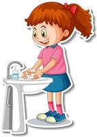 A sticker template with a girl washing hands with soap vector