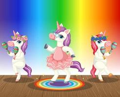 unicornios tocando maracas sobre fondo degradado de arco iris vector