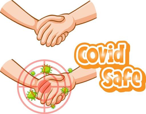 Covid Safe font in cartoon style with hands holding together isolated