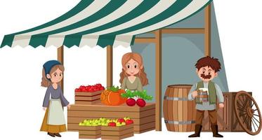 Medieval villagers at fruit store on white background vector
